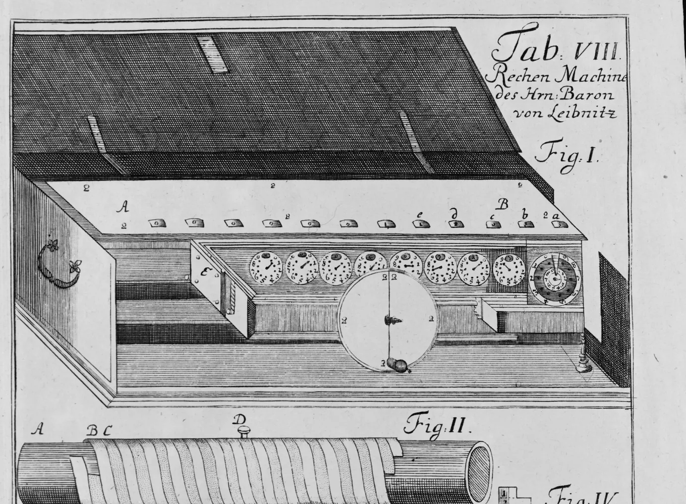 Grabado de la máquina de calcular de Leibniz: una caja alargada con una fila de diales numerados y, debajo, el cilindro escalonado de su mecanismo.