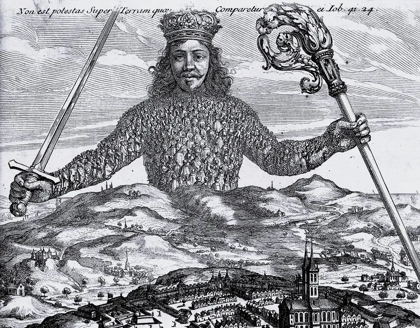 Detalle del frontispicio de Leviatán: un rey gigante con corona, espada y báculo, cuyo torso está formado por cientos de personas, se alza sobre colinas y una ciudad amurallada.
