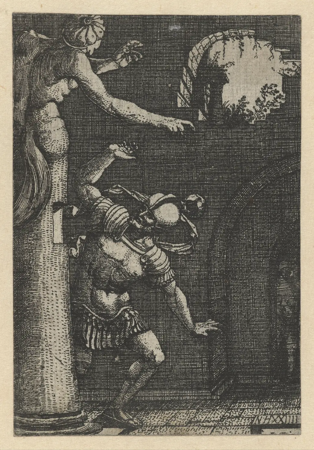 Grabado: un hombre con armadura se detiene ante la esfinge, que le señala desde lo alto de una columna, junto a una arcada en penumbra.