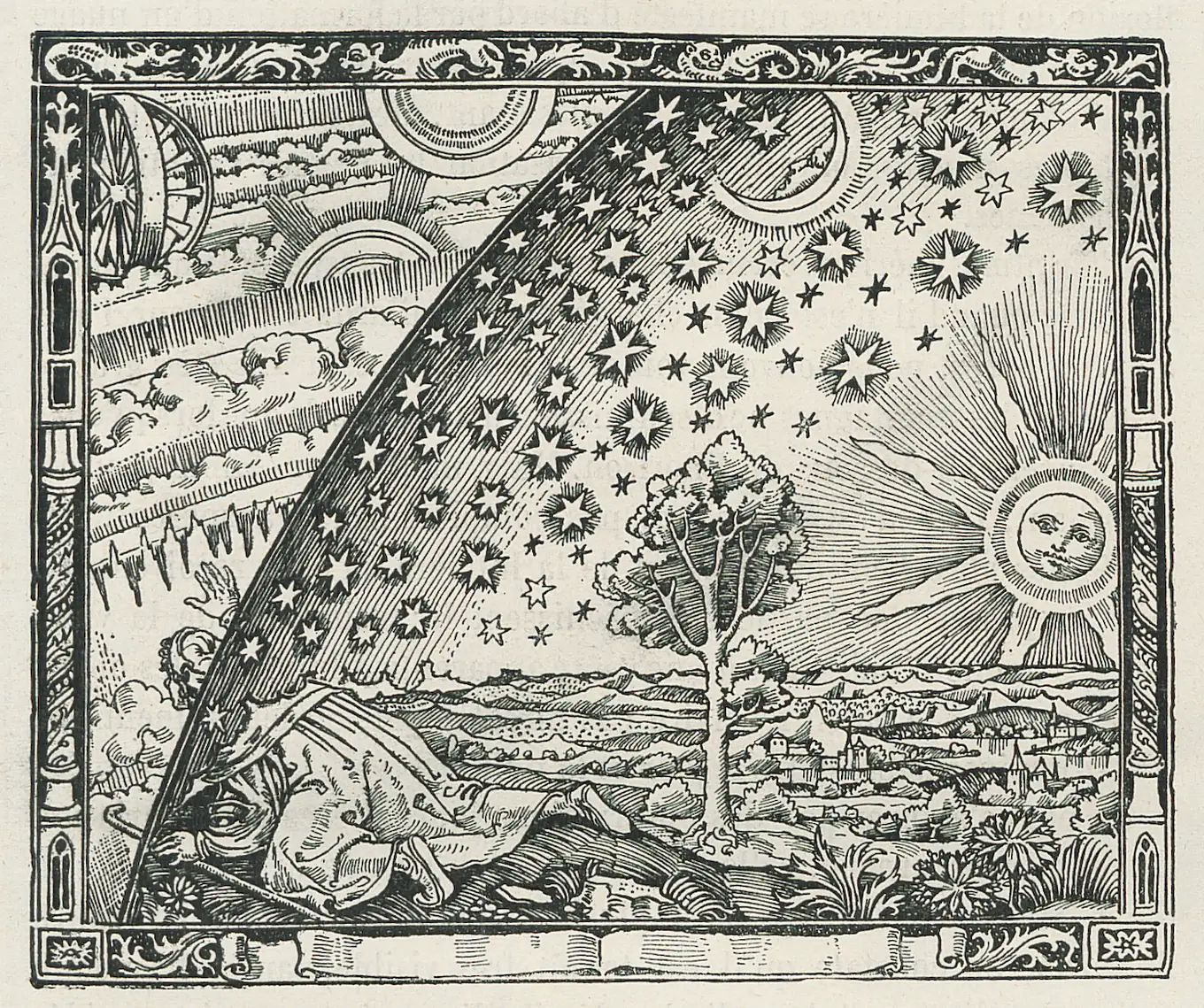 Grabado: un caminante arrodillado en el límite del cielo asoma la cabeza a través de la bóveda estrellada y contempla los mecanismos que hay detrás.