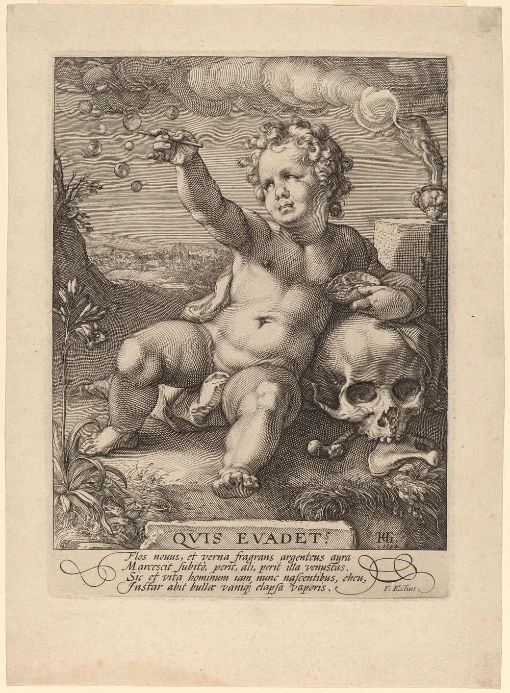 Grabado: un niño sentado junto a una calavera sopla pompas de jabón; a su lado, un jarrón con flores y una columna de humo.