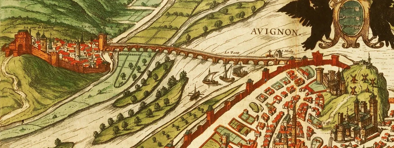Vista grabada de Aviñón desde lo alto: la ciudad amurallada y el largo puente de Saint-Bénézet, que todavía cruza el Ródano entero.