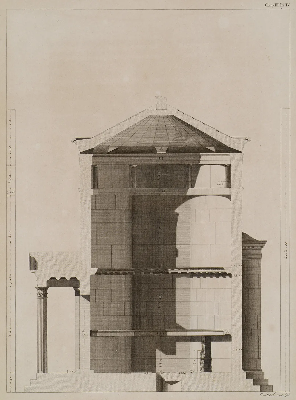 Dibujo de arquitectura: sección vertical de la Torre de los Vientos de Atenas, con sus muros, la cubierta y el pórtico lateral.