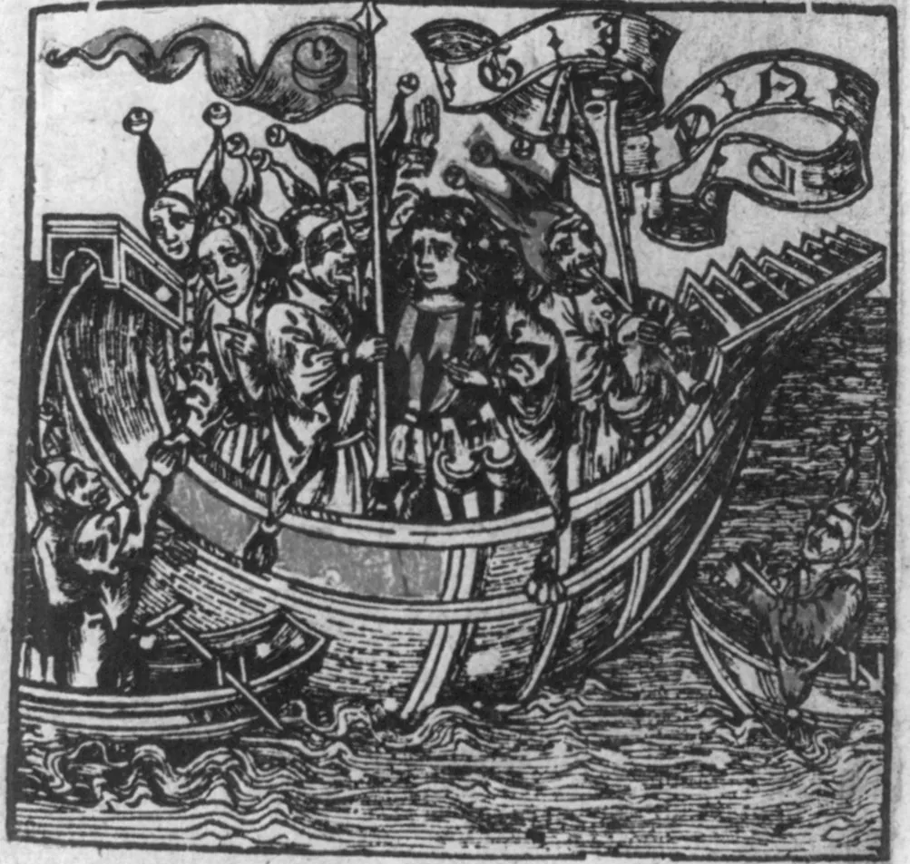 Xilografía: una nave abarrotada de locos con gorro de cascabeles que agitan banderas y remos sin rumbo.
