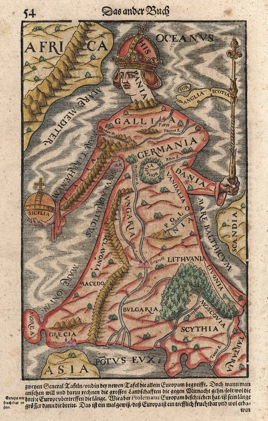 Mapa grabado de Europa dibujado como una reina coronada: Hispania es la cabeza, Italia un brazo y Bohemia el corazón.