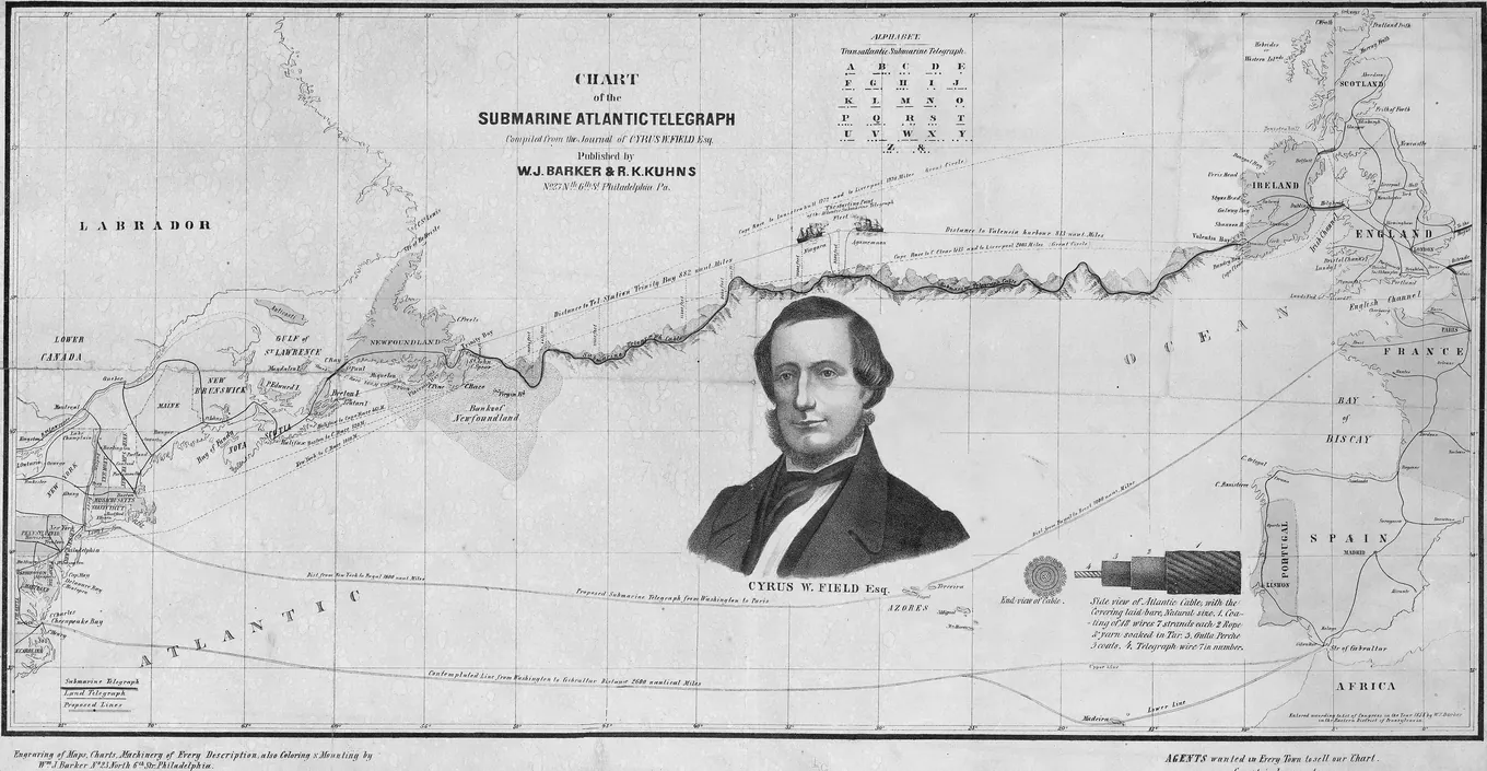 Carta del Atlántico Norte con el trazado del primer cable telegráfico submarino entre Irlanda y Terranova y, en el centro, el retrato de su promotor.