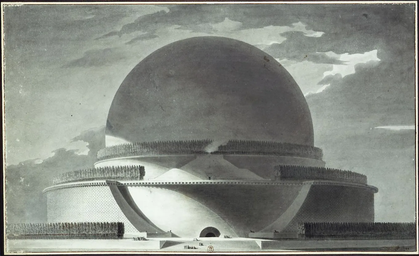 Dibujo de arquitectura: una esfera colosal sobre un basamento circular con hileras de cipreses, junto a figuras diminutas que dan la escala.