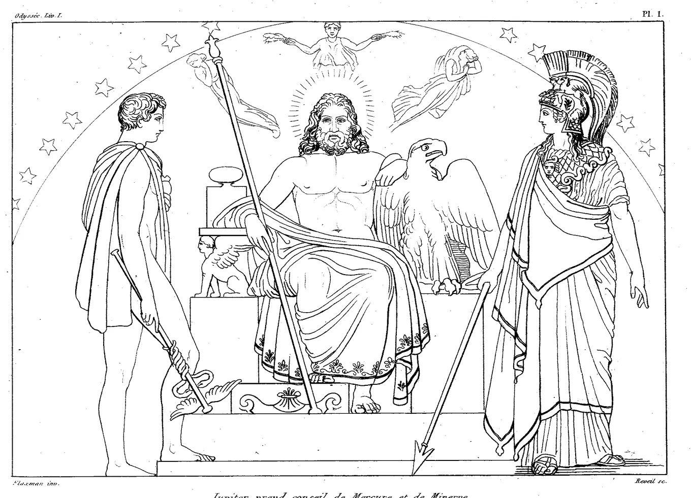 Dibujo de línea: Zeus entronizado con el águila, flanqueado por Atenea con casco y lanza y por Hermes, deciden en el Olimpo.