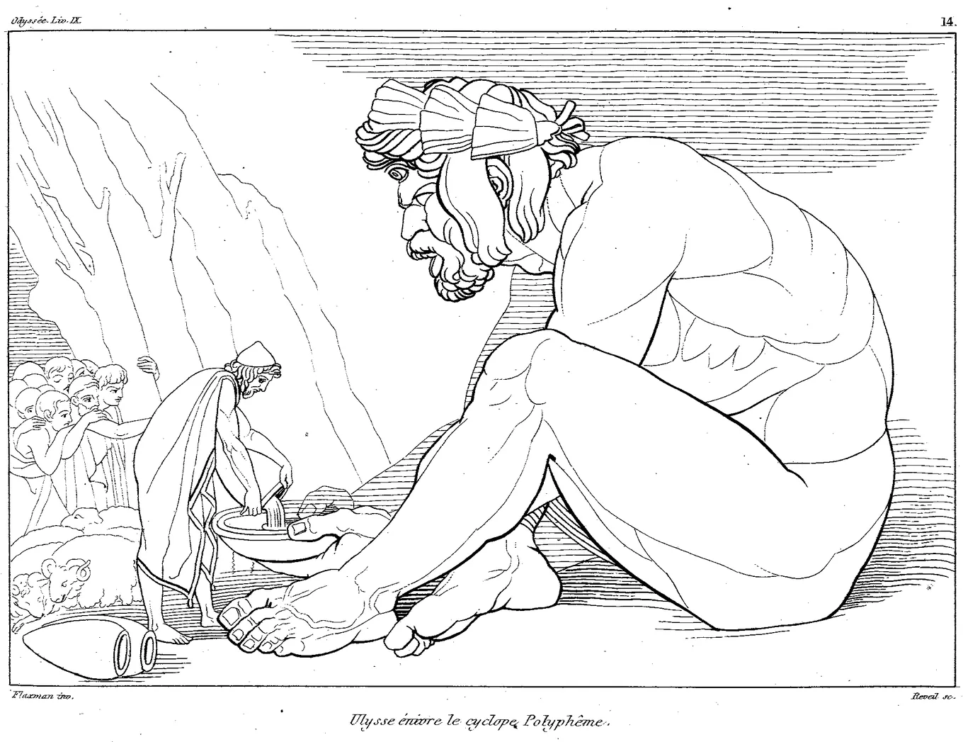 Dibujo de línea: el cíclope Polifemo, sentado y enorme, recibe el cuenco de vino que Ulises le tiende.