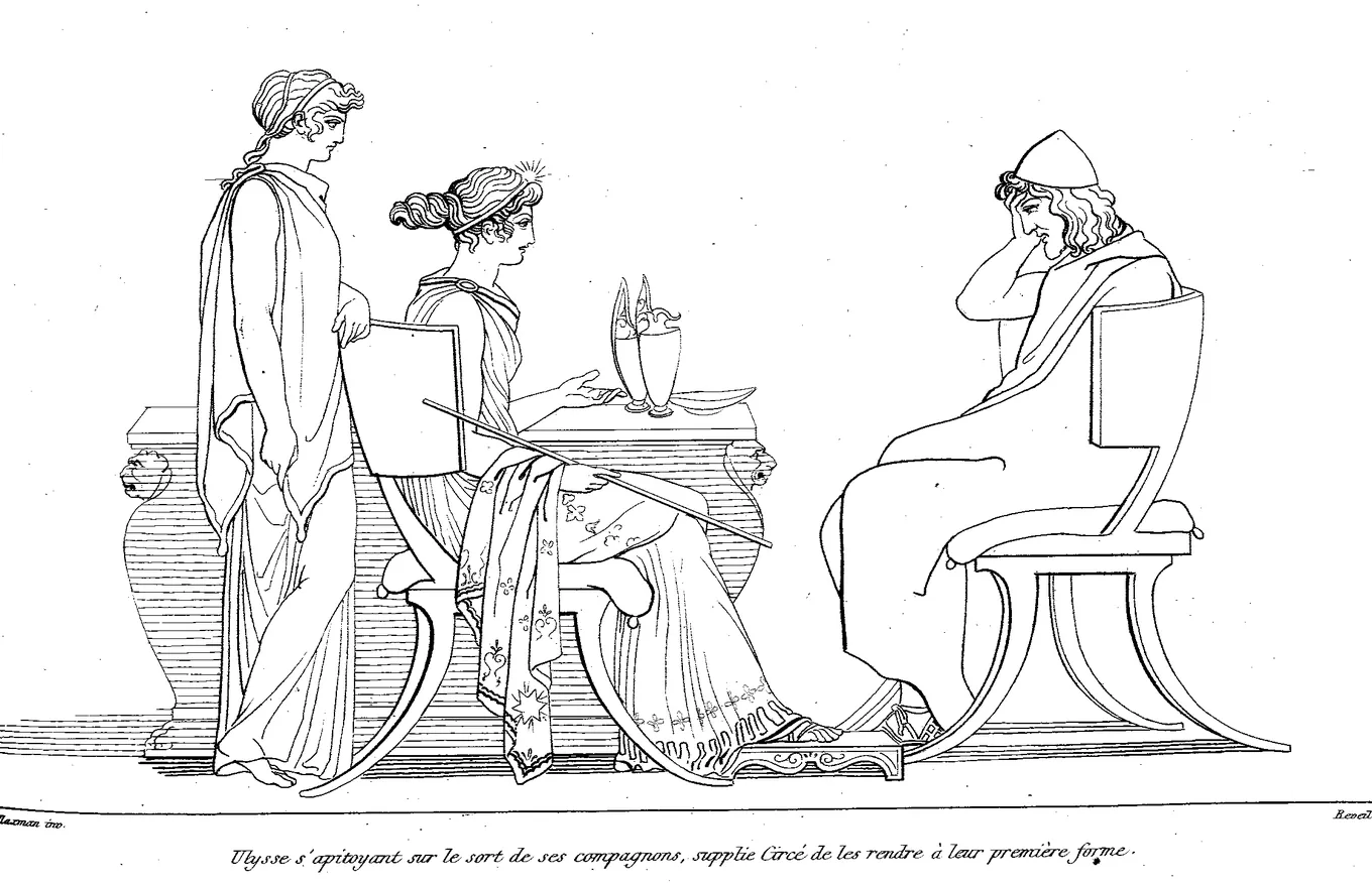 Dibujo de línea: Ulises, sentado, pide a Circe que devuelva a sus compañeros su forma humana.