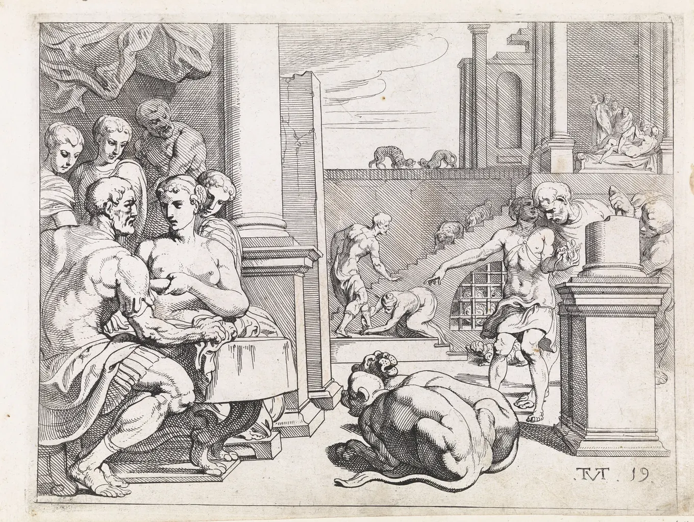 Aguafuerte: Ulises en el palacio de Circe, entre sirvientas, mesas servidas y los animales en que ella ha convertido a sus hombres.