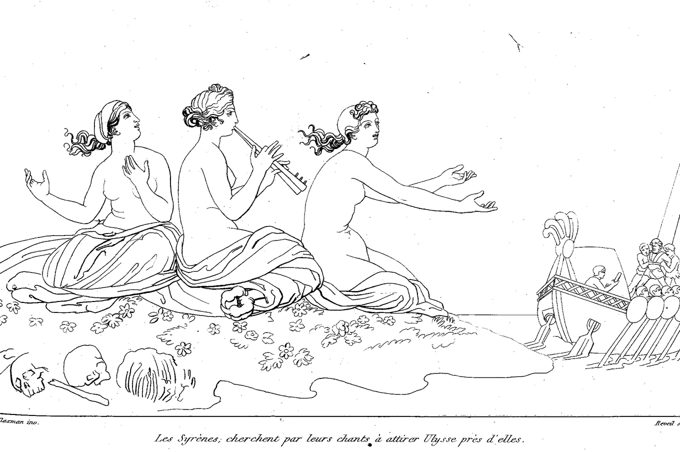 Dibujo de línea: tres sirenas cantan recostadas en una pradera sembrada de huesos mientras pasa la nave de Ulises.