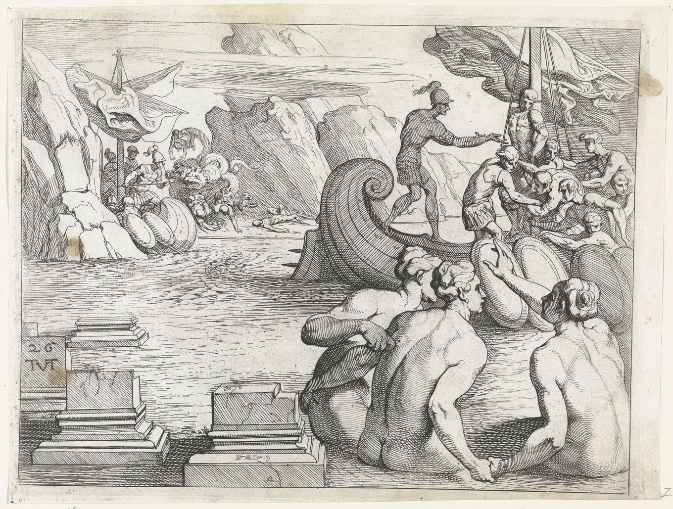 Aguafuerte: Ulises, atado al mástil de su nave, escucha a las sirenas desde la cubierta.