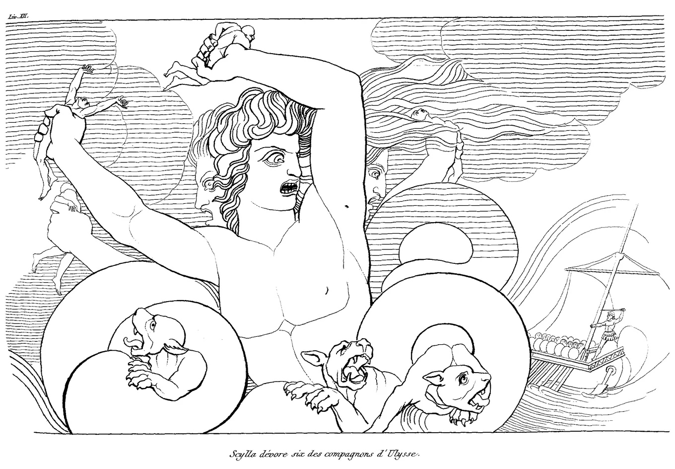Dibujo de línea: Escila, mitad mujer y mitad fieras, arrebata a los compañeros de Ulises mientras la nave pasa de largo.
