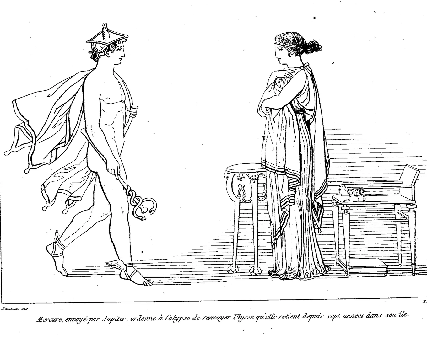 Dibujo de línea: Hermes, con el caduceo, transmite a Calipso la orden de Zeus de dejar marchar a Ulises.