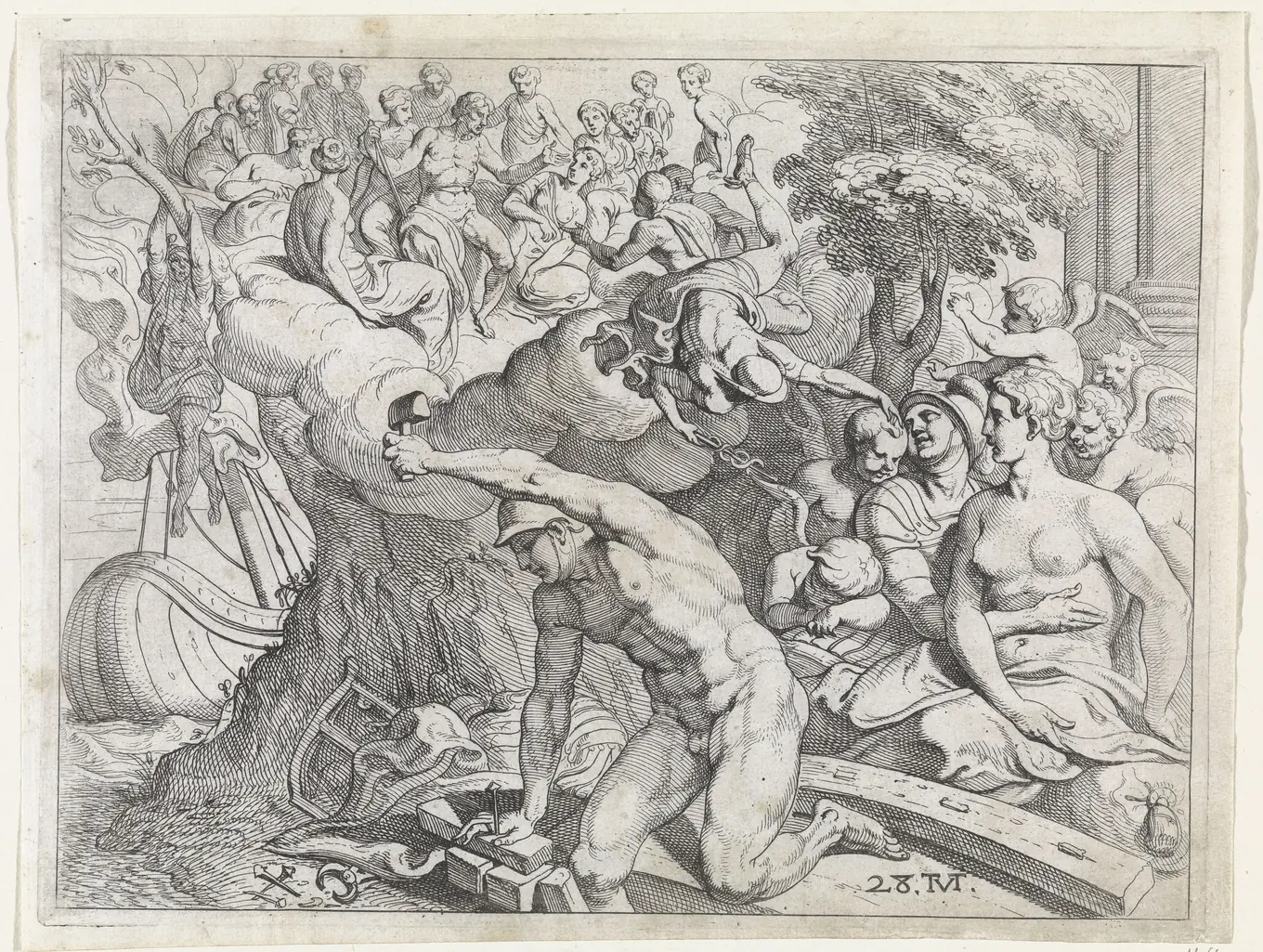 Aguafuerte: Ulises y la ninfa Calipso bajo los árboles de la isla de Ogigia.
