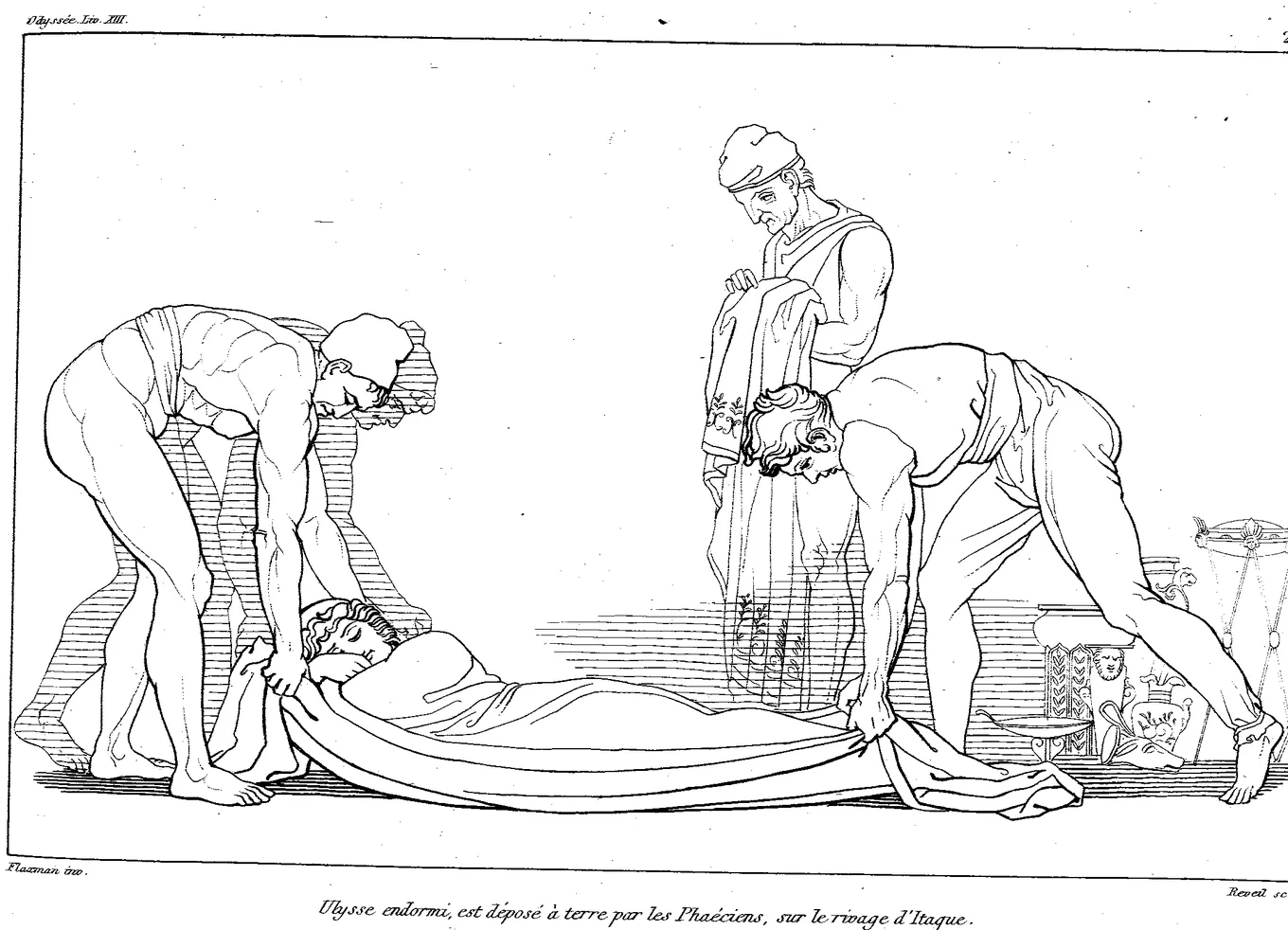 Dibujo de línea: los feacios depositan en la playa de Ítaca a Ulises, dormido y envuelto en un manto.