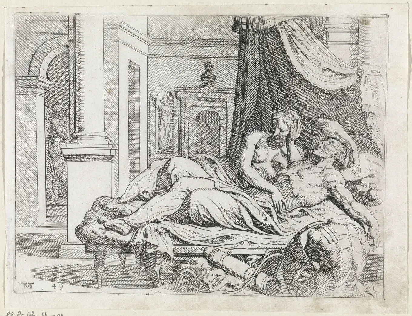 Aguafuerte: Penélope, despierta y pensativa, junto a Ulises dormido en el lecho.