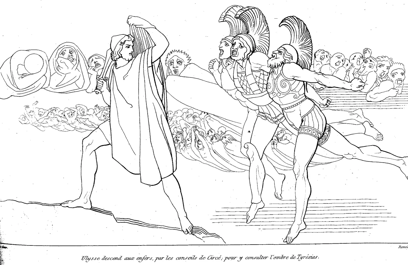 Dibujo de línea: Ulises, espada en mano, ante las sombras de los muertos que acuden a beber en el Hades.