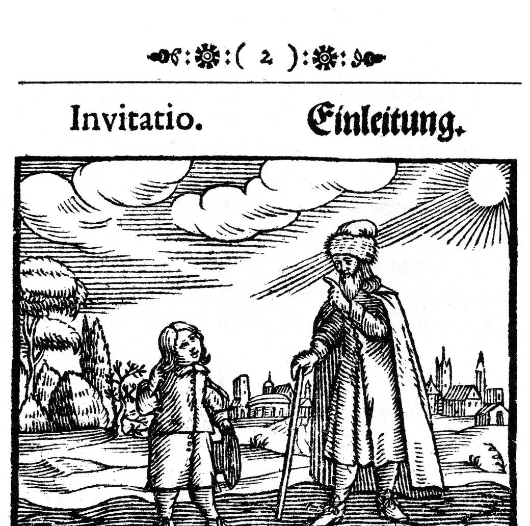 Xilografía: un maestro con bastón invita a un niño a recorrer el mundo, ante un paisaje con ciudad, árboles y sol; encima, el rótulo bilingüe de la lección.
