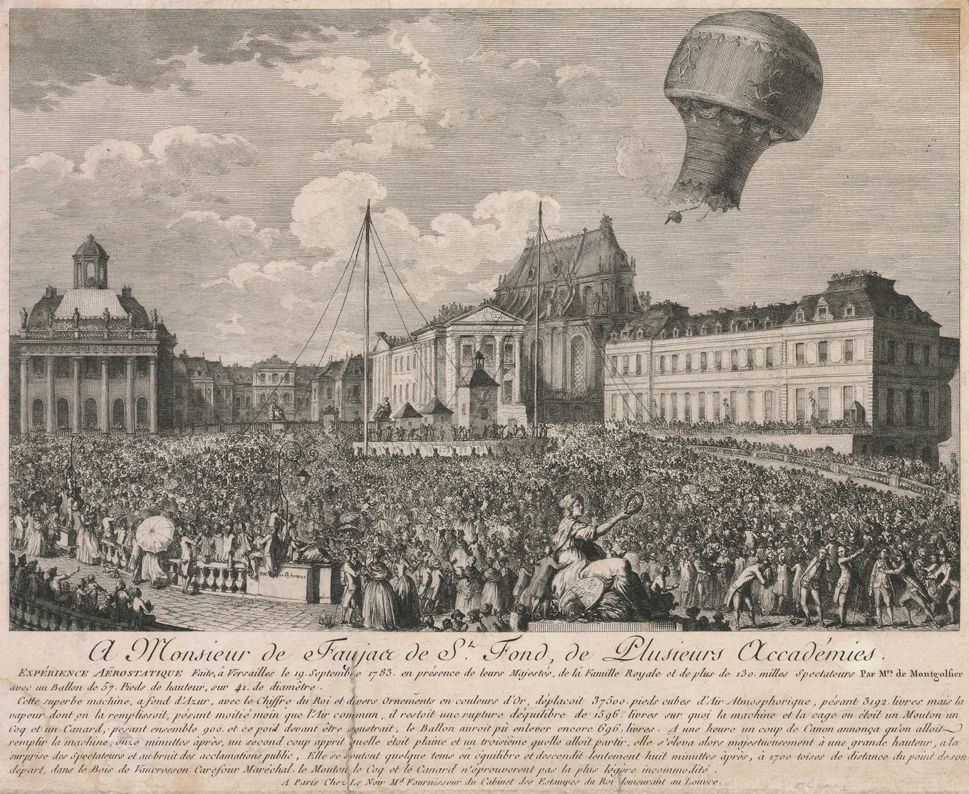 Grabado: el globo de los Montgolfier se eleva sobre la plaza de Versalles abarrotada de público.