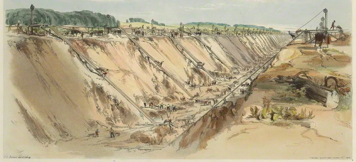 Litografía: la trinchera de Tring excavada en la roca, con peones, carretillas, tablones y caballos.