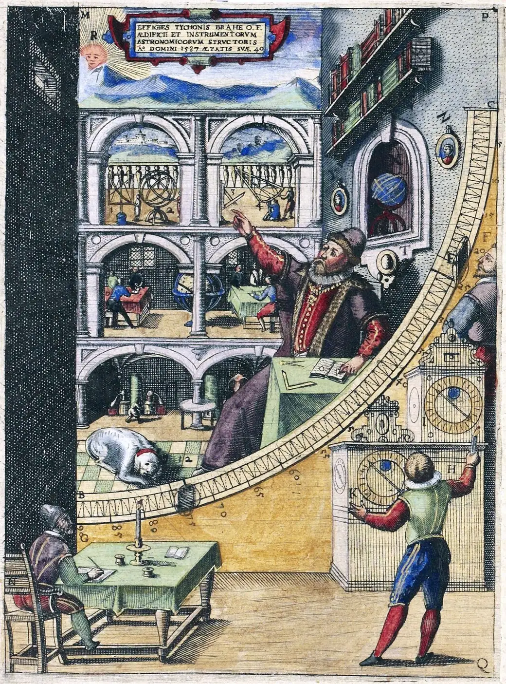 Grabado: el gran cuadrante mural de Tycho Brahe, con observadores que miden y anotan, y escenas del observatorio pintadas en el arco.
