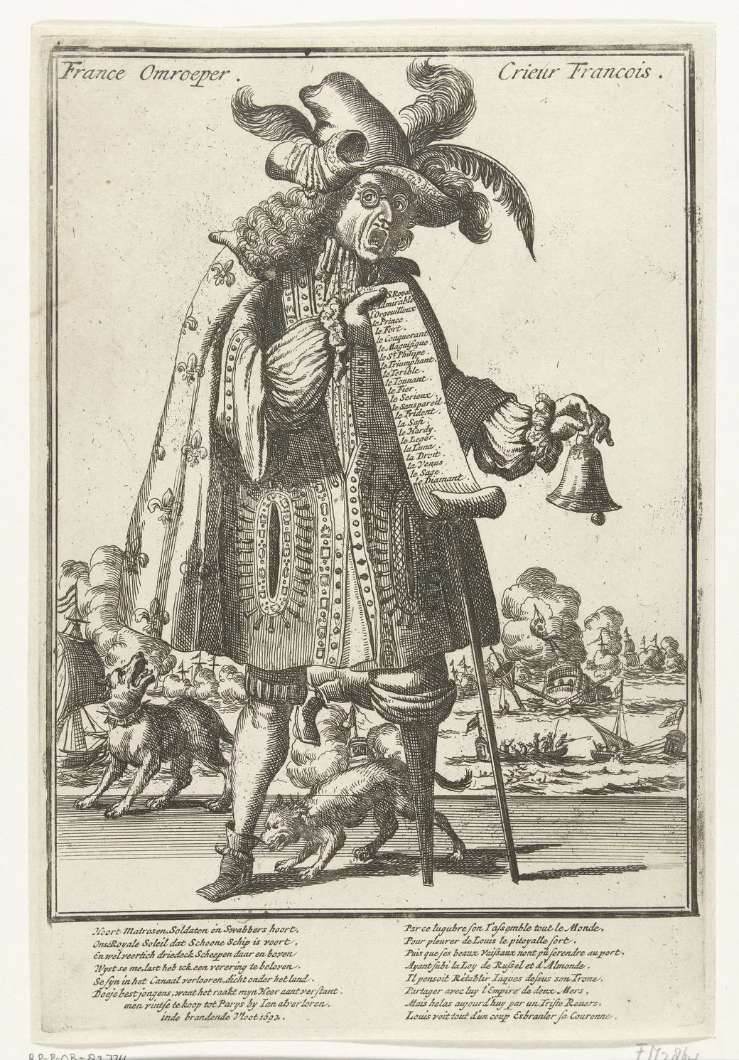 Grabado satírico: Luis XIV, vestido de pregonero, anuncia su propia derrota naval de La Hougue, con la batalla al fondo.