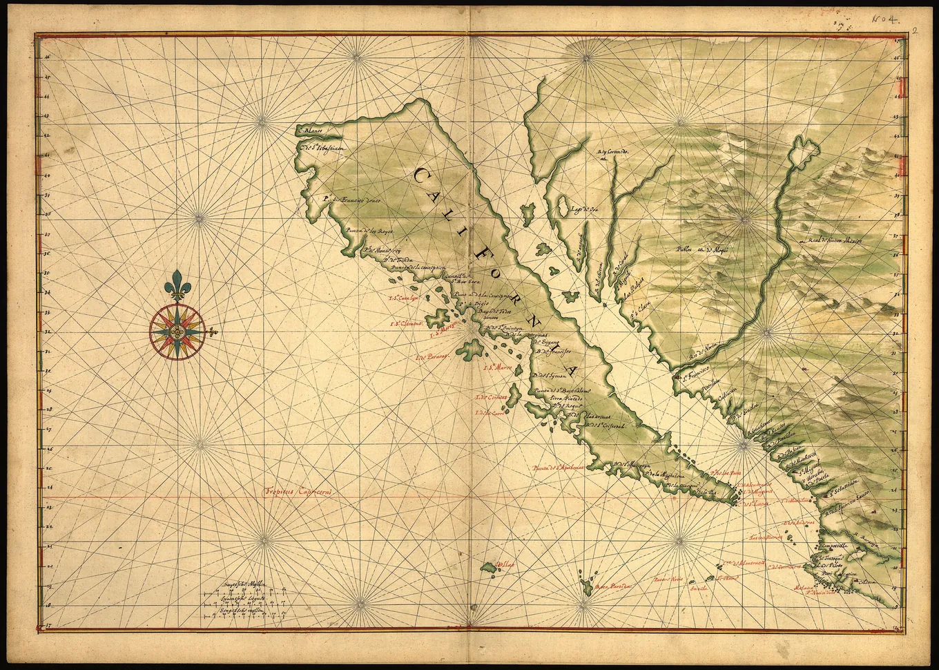 Carta manuscrita a pluma y acuarela de la costa occidental de Norteamérica, con California dibujada como una gran isla.