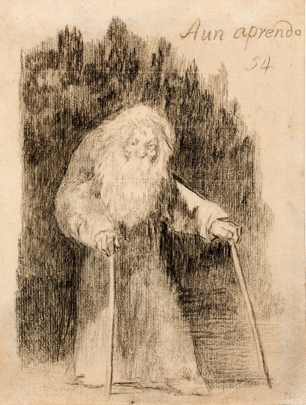 Dibujo: un anciano de barba blanca, encorvado y con dos bastones, avanza decidido; arriba, la leyenda «Aún aprendo».