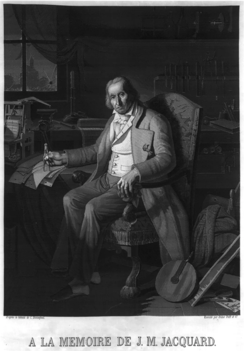 Retrato de Joseph-Marie Jacquard en su taller, junto a un telar y tarjetas perforadas, tejido en seda en un telar Jacquard.