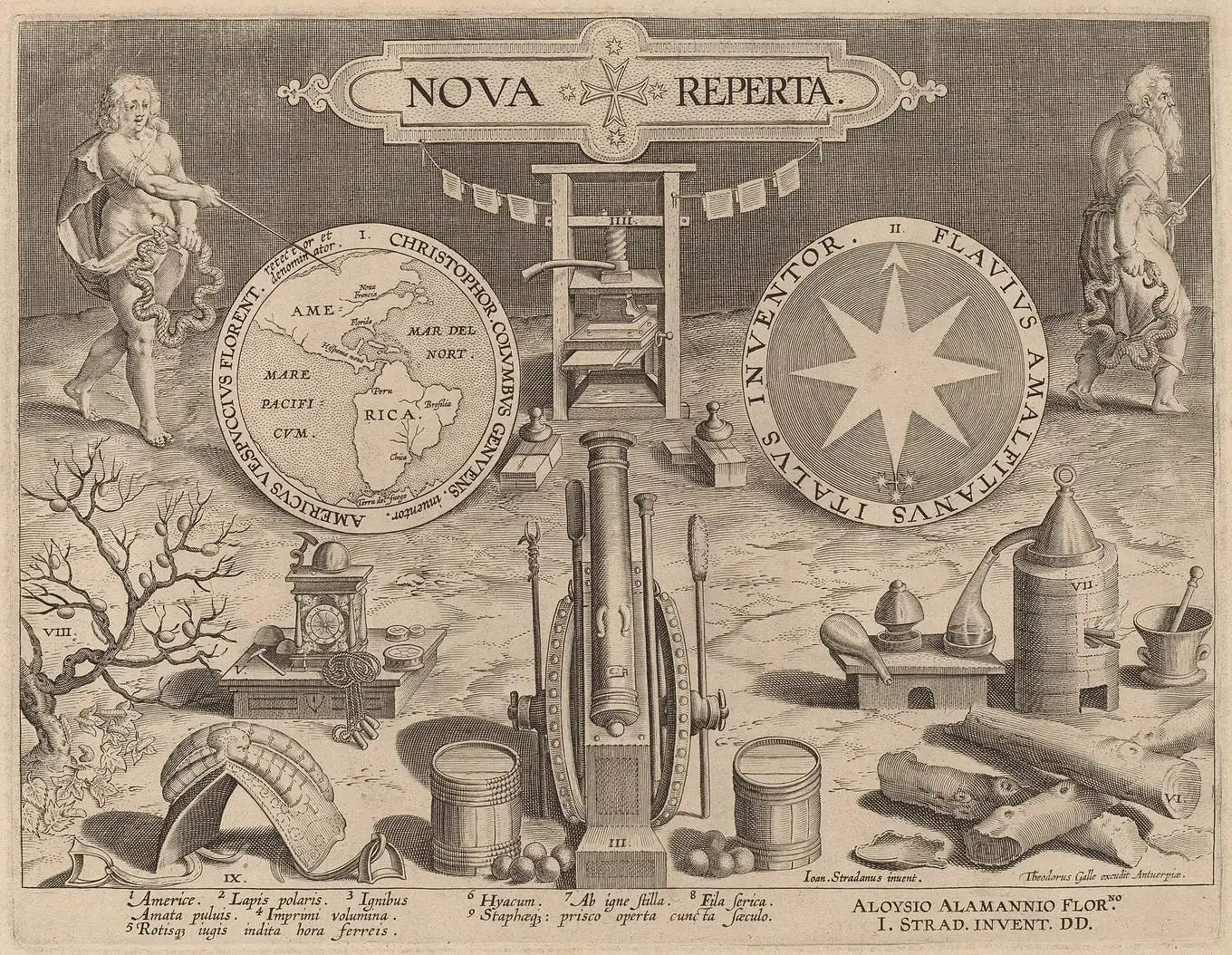 Grabado: portada alegórica con los nuevos inventos de su tiempo: la brújula, la imprenta, la pólvora, el reloj, América.