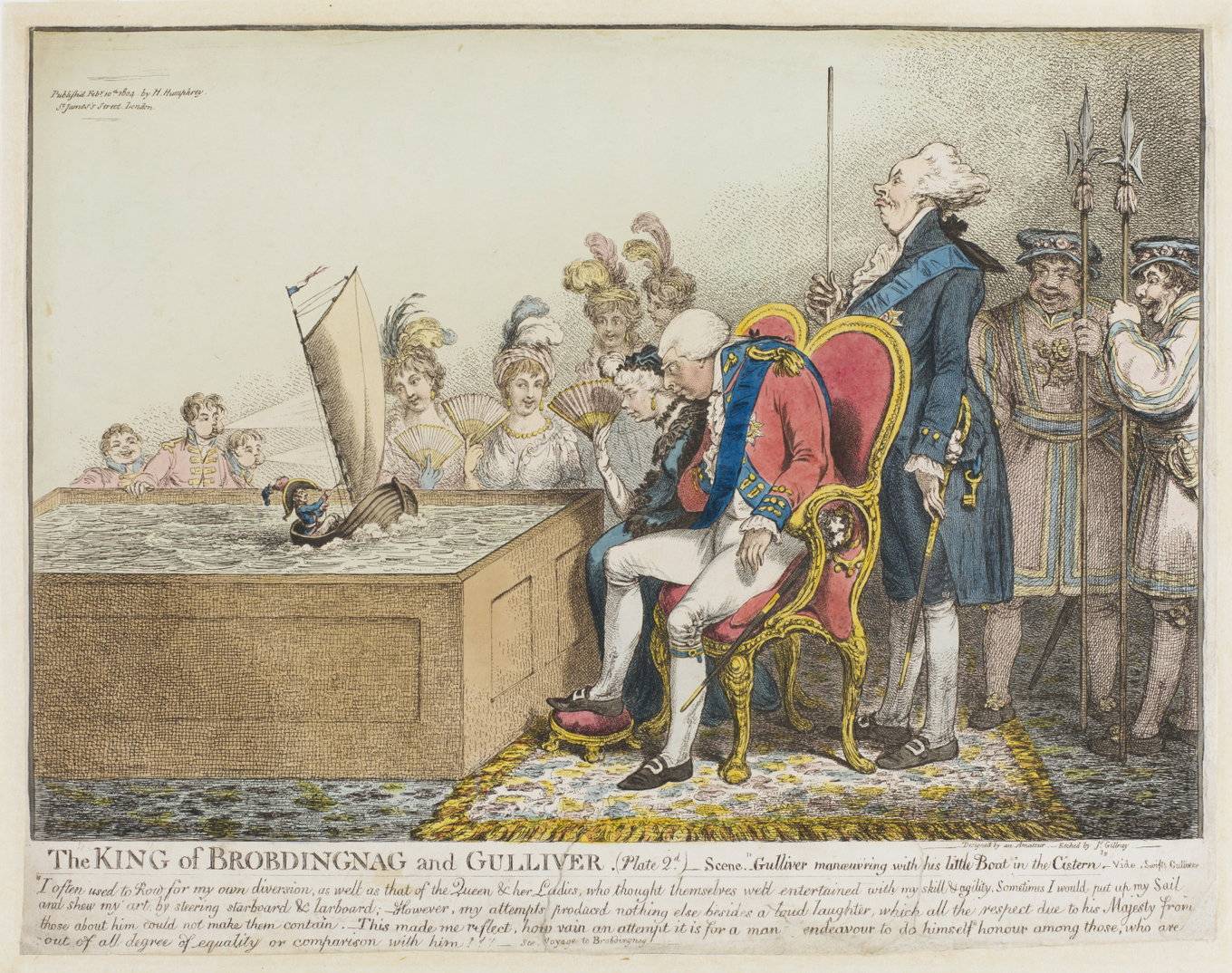Caricatura de 1804: un rey sentado y su corte observan desde arriba a un Gulliver diminuto que navega en una barca dentro de un estanque.